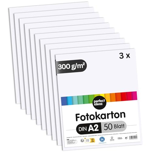 perfect ideaz 150 Blatt Fotokarton DIN-A2, Weiß, stabiler recycling Karton 300 g/m², Made in Germany, Blauer Engel zertifiziert (3 x 50 (150 Blatt)) von perfect ideaz