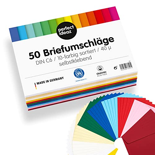 perfect ideaz • 50 Briefumschläge DIN-C6 ohne Fenster, für DIN A6 aus Recycling-Papier, 10 Farben, MADE IN GERMANY von perfect ideaz