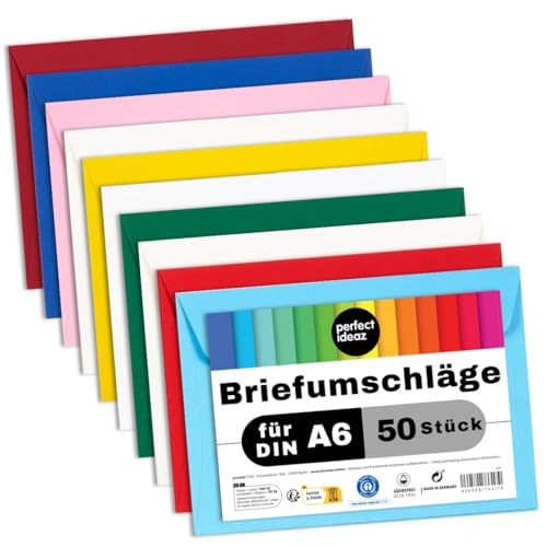 perfect ideaz - 50 Briefumschläge DIN-C6 ohne Fenster, für DIN A6 aus Recycling-Papier, 10 Farben, Made in Germany, Blauer Engel zertifiziert von perfect ideaz