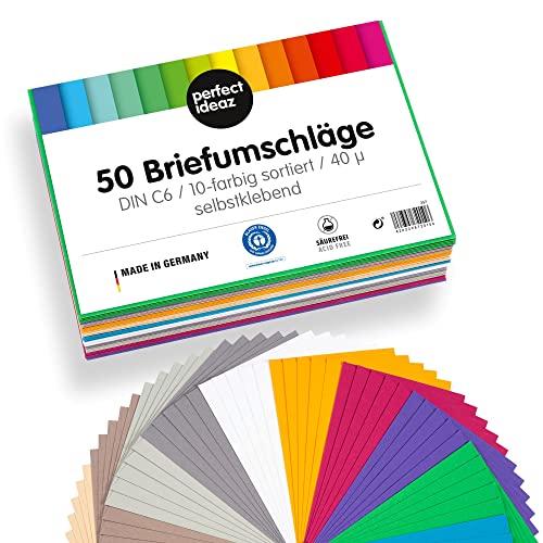 perfect ideaz • 50 Briefumschläge DIN-C6 ohne Fenster, für DIN A6 aus Recycling-Papier, 10 Farben, MADE IN GERMANY von perfect ideaz