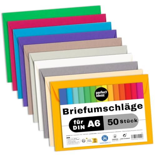 perfect ideaz - 50 Briefumschläge DIN-C6 ohne Fenster, für DIN A6 aus Recycling-Papier, 10 Farben, Made in Germany, Blauer Engel zertifiziert von perfect ideaz