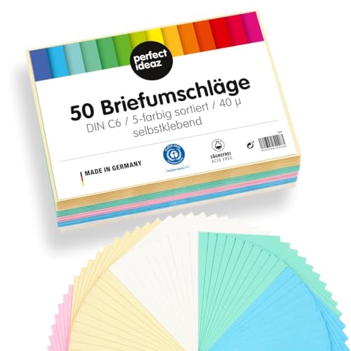 perfect ideaz • 50 Briefumschläge Pastell DIN-C6 ohne Fenster, für DIN A6 aus Recycling-Papier, 5 Farben, MADE IN GERMANY von perfect ideaz