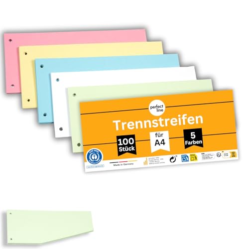 perfect line - 100 Trennstreifen für Ordner A4, Trennblätter aus Recycling-Karton, Trapez-Form, 5 Farben, 2 fach gelocht, Made in Germany, Blauer Engel zertifiziert von perfect ideaz