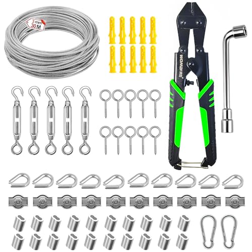 70 Stücke Seilspanngarnitur Set, 304 Edelstahl, 30 m PVC-Beschichtet 3 mm Drahtseil, Seilspanner Spannerset für Lichterketten, Wäscheleinen, Vorhangseilaufhängung (Silber) von peuqcen