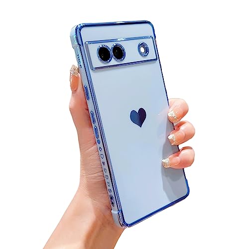 phylla Kompatibel mit Google Pixel 7A 6,1 Zoll 5g Handyhülle Luxus Beschichtung Niedlich Liebe Herz Seite Kleines Muster Hülle Voller Kameraschutz Weiches Silikon Stoßfest Bumper Cover (Blau) von phylla