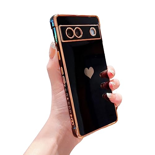 phylla Kompatibel mit Google Pixel 7A 6,1 Zoll 5g Handyhülle Luxus Beschichtung Niedlich Liebe Herz Seite Kleines Muster Hülle Voller Kameraschutz Weiches Silikon Stoßfest Bumper Cover (Schwarz) von phylla