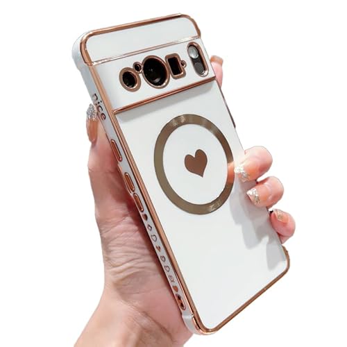 phylla Magnetische Handyhülle für Google Pixel 8 Pro 5g [kompatibel mit MagSafe], luxuriöse Beschichtung, süßes Liebesherz, Schutzhülle für Frauen, weich, stoßfest, seitliches Herzmuster, Stoßfänger von phylla