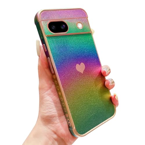 phylla Schutzhülle für Google Pixel 8A 5g 15,5 cm (6,1 Zoll), luxuriös, vergoldet, niedliches Herz, schillernder Regenbogen, Laser-Schutzhülle, Kameraschutz, weiches Silikon, stoßfest, seitliches von phylla