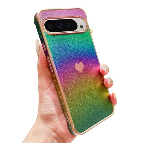 phylla Schutzhülle für Google Pixel 9/9 Pro 5G, 16 cm (6,3 Zoll), luxuriös, vergoldet, niedliches Herz, schillernd, Regenbogen-Laser-Schutzhülle, Kameraschutz, weiches Silikon, stoßfest, Seitenmuster, von phylla