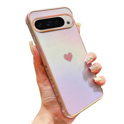 phylla Schutzhülle für Google Pixel 9/9 Pro 5G, 16 cm (6,3 Zoll), luxuriös, vergoldet, niedliches Herz, schillernder Regenbogen, Laser-Schutzhülle, Kameraschutz, weiches Silikon, stoßfest, seitliches von phylla