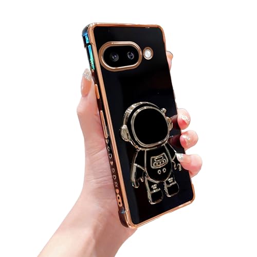 phylla Schutzhülle für Google Pixel 9A 5g, luxuriös, beschichtet, Astronauten-Ständer, mit niedlichem Liebesherz, kleines Muster, weiches Silikon, stoßfest, mit Ständer (Schwarz, Pixel 9A) von phylla