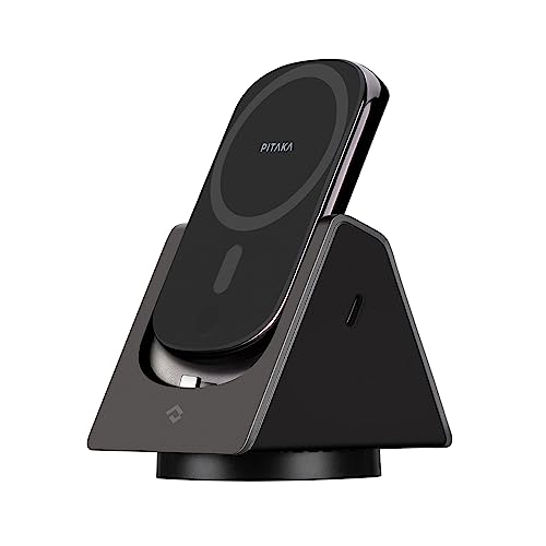 PITAKA 2-in-1 Magnetisch Drahtlose Ladegerät für iPhone 14/13/12 Serie und AirPods Pro/3/2 Ladestation Kompatibel mit MagSafe 360 Grad Drehnbar Ladeständer mit Wireless Powerbank [MagEZ Slider 2] von pitaka
