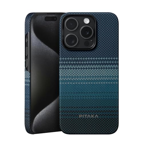 pitaka Hülle für iPhone 15 Pro aus 100% Aramidfaser Gewebt Kompatibel mit Magsafe Ultradünne Handyhülle Robuste Schutzhülle mit Kameraschutz und Fusion Weaving [MagEZ Case 5] Mondaufgang von pitaka