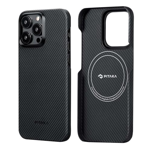 pitaka Ultradünne Hülle für iPhone 15 Pro Kompatibel mit Magsafe aus 600D Aramidfaser Magnetische Schutzhülle mit Kameraschutz Kratzfeste Handyhülle Minimalismus [MagEZ Case 4] Schwarz/Grau von pitaka