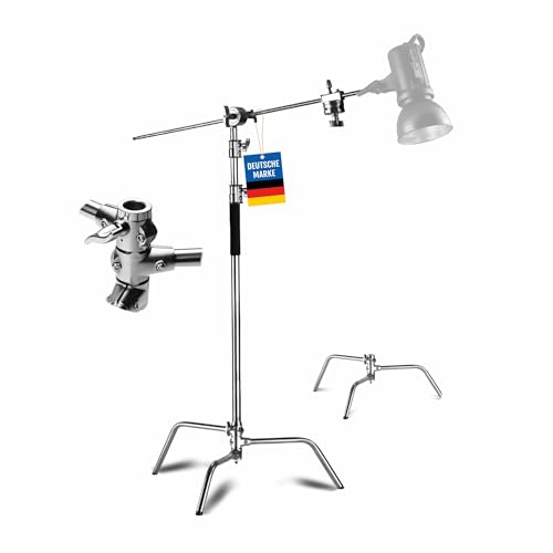 pixly® Galgenstativ aus Edelstahl; Verstellbares Profi C-Stativ mit Galgenarm für Fotostudio & Video; Beleuchtungsstativ mit Schildkrötenbasis & Griffkopf; Lichtstativ 96–260 cm höhenverstellbar von pixly