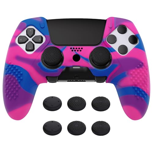 PlayVital Anti-Rutsche Hülle für ps5 Edge Controller,Case Schutzhülle Hülle Skin aus weichem Gummi mit 6 Stück Stick Kappen für PS5 Edge Wireless Controller(3D Noppen Edition,Rosa & Lila & Blau) von playvital