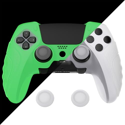 PlayVital Anti-Rutsche Hülle für ps5 Edge Controller,Case Schutzhülle Skin aus weichem Gummi mit 6 Stück Stick Kappen für PS5 Edge Wireless Controller(Guardian Edition,Im Dunkeln Leuchtend-Grün) von playvital