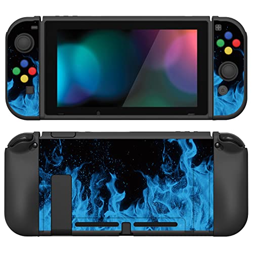 PlayVital Case Hülle Cover Zubehör für Nintendo Switch, ZealProtect Weiche Schutzhülle für Switch Konsole Joy Con mit HD Klar Schutzfolie&Sticks Kappen&ABXY Richtungstastenkappen(Blaue Flamme) von playvital