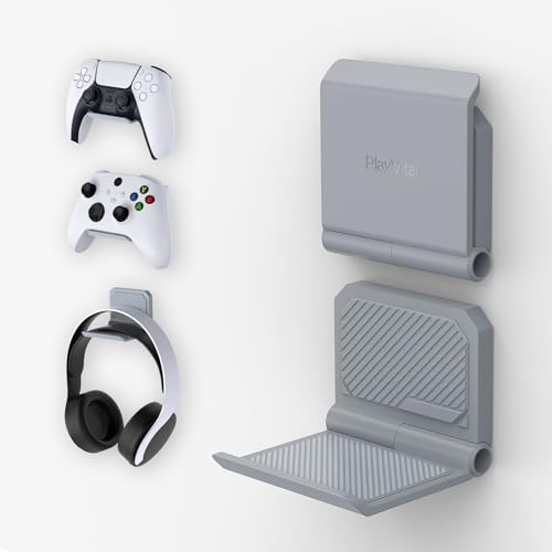 PlayVital FOLD Wandhalterung Controller Halter für PS5/4,Faltbarer Wandständer für Xbox Series X/S,Switch Pro, Gaming Kopfhörer Ständer für Xbox Wireless Headset, für Pulse 3D Headset-Grau(2 Stück) von playvital