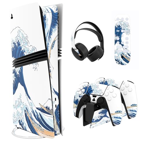 playvital Full Set Skin Sticker für ps5 Pro Konsole Digital & Disc Edition, Vinyl Aufkleber Schutzfolie Zubehör für ps5 Pro Controller& Headset&Ladestation&Fernbedienung-The Great Wave Off Kanagawa von playvital