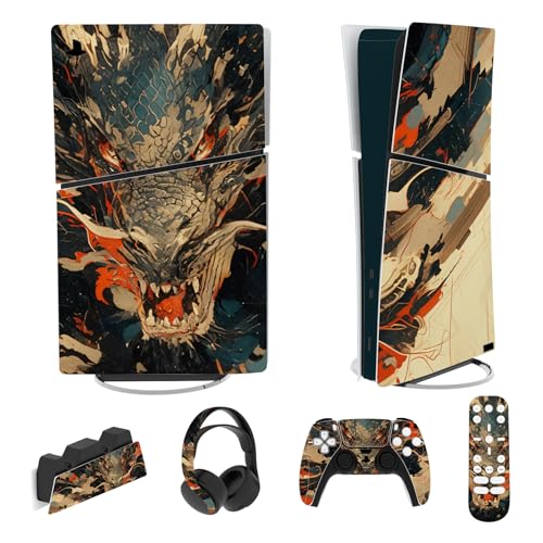 PlayVital Full Set Skin Sticker für ps5 Slim Konsole Digital Edition,Aufkleber Vinyl-Skin Stickers Schutzfolie Folie für ps5 Controller,Ladestation, Headset,Medienfernbedienung-Drachenzorn von playvital