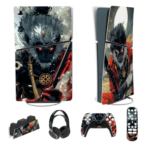 PlayVital Full Set Skin Sticker für ps5 Slim Konsole Digital Edition,Aufkleber Vinyl-Skin Stickers Schutzfolie Folie für ps5 Controller,Ladestation, Headset,Medienfernbedienung-Fallen Wukong von playvital