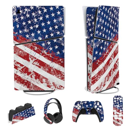 PlayVital Full Set Skin Sticker für ps5 Slim Konsole Digital Edition,Aufkleber Vinyl-Skin Stickers Schutzfolie Folie für ps5 Controller,Ladestation, Headset,Medienfernbedienung-Impression US Flag von playvital