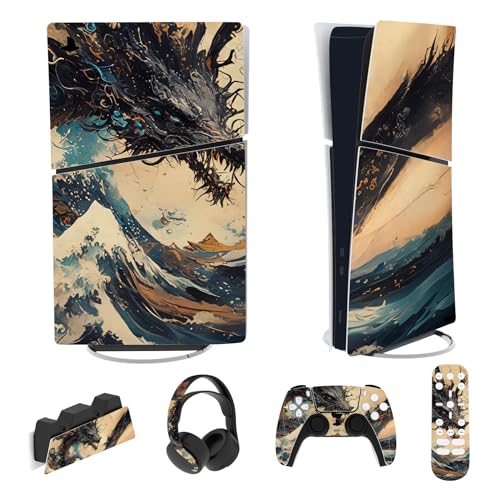 PlayVital Full Set Skin Sticker für ps5 Slim Konsole Digital Edition,Aufkleber Vinyl-Skin Stickers Schutzfolie Folie für ps5 Controller,Ladestation, Headset,Medienfernbedienung-Sturmdrache von playvital