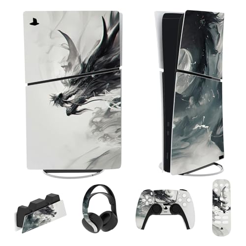 PlayVital Full Set Skin Sticker für ps5 Slim Konsole Digital Edition,Aufkleber Vinyl-Skin Stickers Schutzfolie Folie für ps5 Controller,Ladestation, Headset,Medienfernbedienung-Tintengeistdrache von playvital