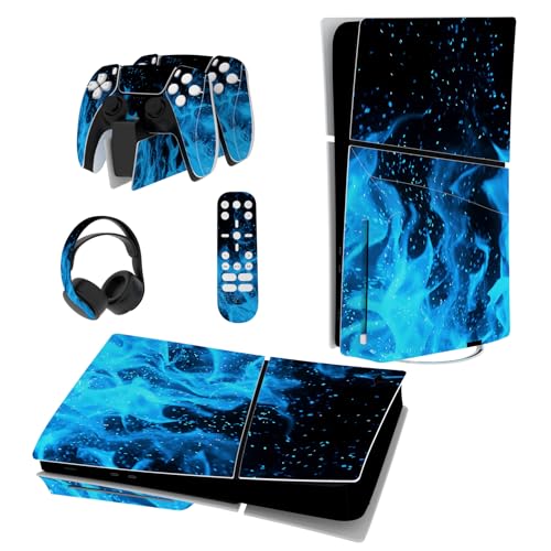 playvital Full Set Skin Sticker für ps5 Slim Konsole Disc Edition,Aufkleber Vinyl-Skin Stickers Schutzfolie Folie für ps5 Controller,Ladestation, Headset,Medienfernbedienung-Blaue Flamme von playvital