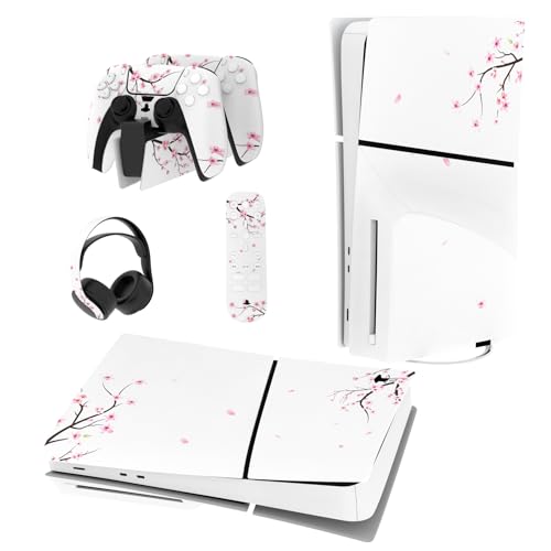 PlayVital Full Set Skin Sticker für ps5 Slim Konsole Disc Edition,Aufkleber Vinyl-Skin Stickers Schutzfolie Folie für ps5 Controller,Ladestation, Headset,Medienfernbedienung-Fallende Kirschblüten von playvital