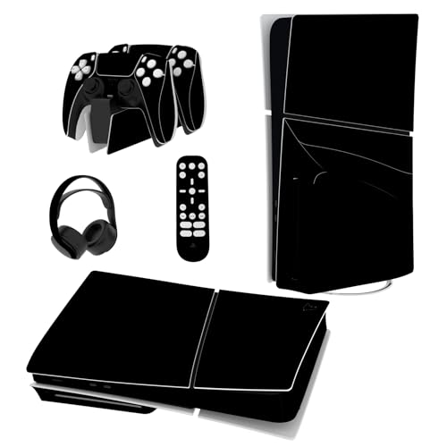 playvital Full Set Skin Sticker für ps5 Slim Konsole Disc Edition,Aufkleber Vinyl-Skin Stickers Schutzfolie Folie für ps5 Controller,Ladestation, Headset,Medienfernbedienung-Schwarz von playvital