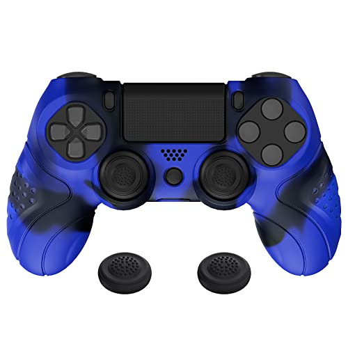 PlayVital Hülle für ps4 Controller,Anti-Rutsche Schutzhülle Case Zubehör Hülle ergonomische Silikonhülle,2 Stück Joystick Caps für ps4 Slim Pro Controller(Guardian Edition,Blau & Schwarz) von playvital