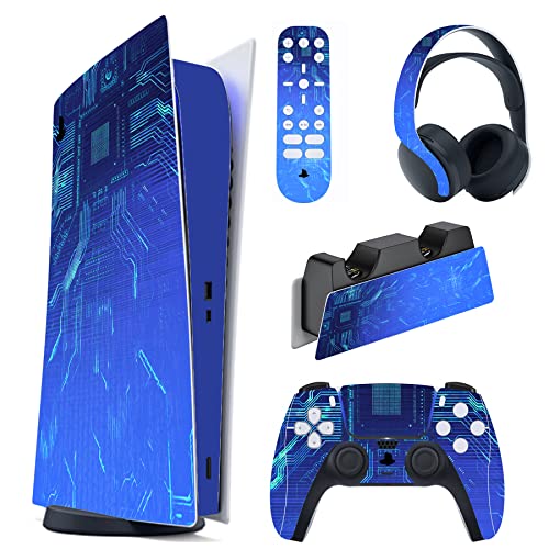 PlayVital Skin Decal Stickers Kompatibel mit ps5 Konsole Digital Edition, Aufkleber Schutzfolie Vinyl-Skin Stickers für ps5 Konsole,Controller,Ladestation,Headset,Medienfernbedienung-Blaulicht Technik von playvital