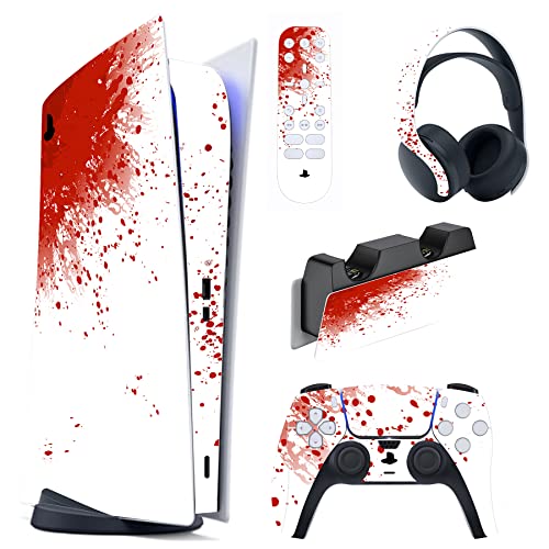 PlayVital Skin Kompatibel mit ps5 Konsole Digital Edition, Aufkleber Vinyl-Skin Schutzfolie Stickers für PS5 Konsole,Controller,Ladestation,Headset,Medienfernbedienung-Blutspritzer von playvital