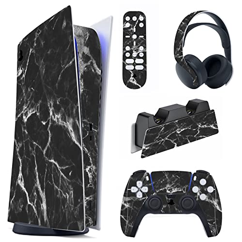 PlayVital Skin Kompatibel mit ps5 Konsole Digital Edition,Aufkleber Skin Stickers Schutzfolie für PS5 Konsole,Controller,Ladestation,Headset,Medienfernbedienung-Schwarz Weiß Marmor Optik von playvital