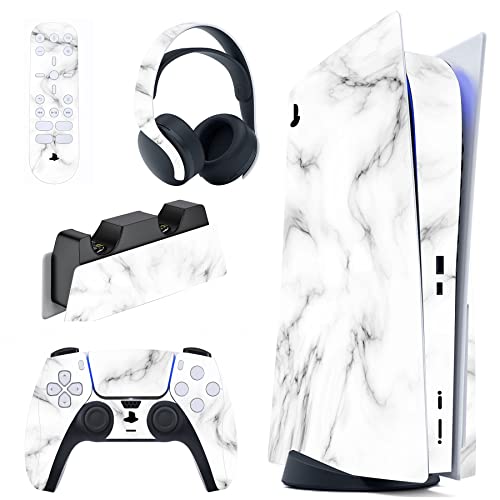 PlayVital Skin Stickers für ps5 Konsole Regular Edition,Aufkleber Vinyl-Skin Stickers Schutzfolie Folie für PS5 Konsole,Controller,Ladestation,Headset,Medienfernbedienung-Nahtloses Weiß von playvital