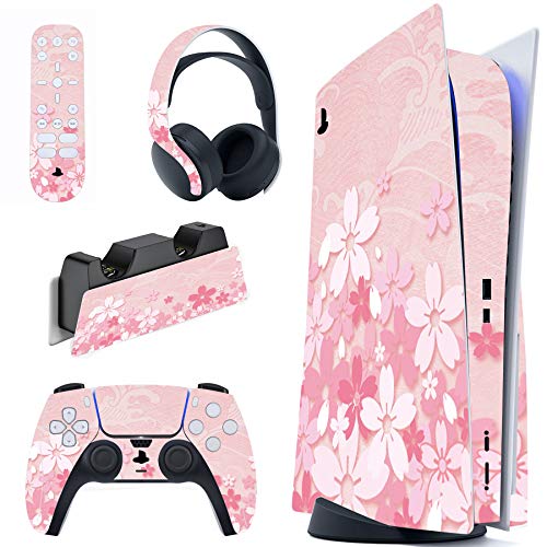 PlayVital Skin für ps5 Konsole Regular Edition,Aufkleber Vinyl-Skin Stickers Schutzfolie Folie für PS5 Konsole,Controller,Ladestation, Headset,Medienfernbedienung-Blütenblätter von playvital