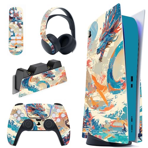 PlayVital Skin für ps5 Konsole Regular Edition,Aufkleber Vinyl-Skin Stickers Schutzfolie Folie für PS5 Konsole,Controller,Ladestation, Headset,Medienfernbedienung-Drachenelysium von playvital