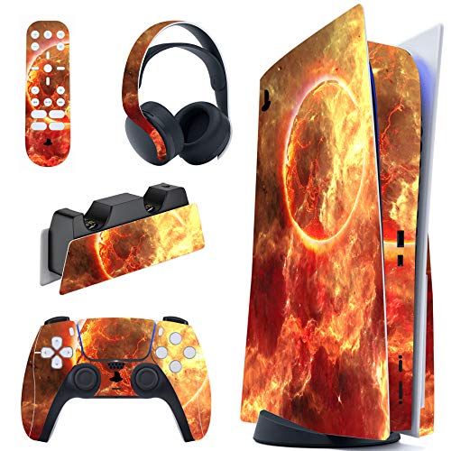 PlayVital Skin für ps5 Konsole Regular Edition,Aufkleber Vinyl-Skin Stickers Schutzfolie Folie für PS5 Konsole,Controller,Ladestation, Headset,Medienfernbedienung-Flammende Sonne von playvital