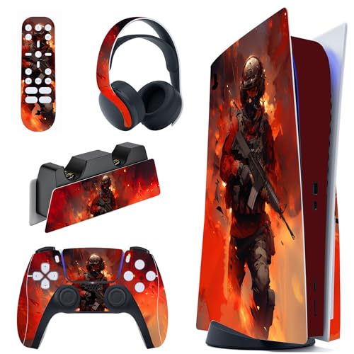 PlayVital Skin für ps5 Konsole Regular Edition,Aufkleber Vinyl-Skin Stickers Schutzfolie Folie für PS5 Konsole,Controller,Ladestation, Headset,Medienfernbedienung-Kriegsfeuer von playvital