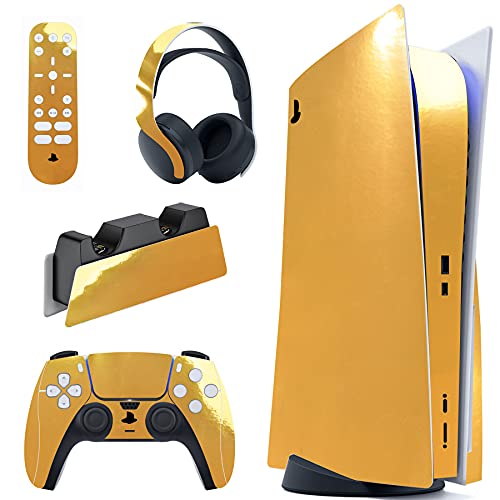 PlayVital Skin für ps5 Konsole Standard Disc Edition,Decal Sticker Aufkleber Vinyl-Skin Schutzfolie Folie für PS5 Konsole,Controller,Ladestation,Headset,Medienfernbedienung-Chrom Gold von playvital
