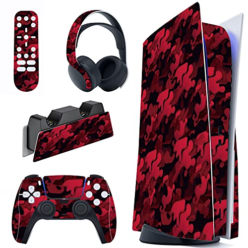PlayVital Skin für ps5 Konsole Standard Disc Edition,Decal Sticker Aufkleber Vinyl-Skin Schutzfolie Folie für ps5 Konsole,Controller,Ladestation,Headset,Medienfernbedienung-(Schwarz-Rot-Camouflage) von playvital
