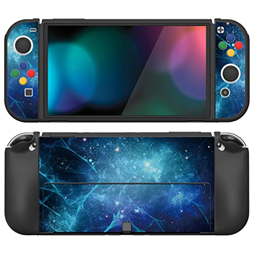 PlayVital ZealProtect Weiche Schutzhülle für Nintendo Switch OLED Konsole Joy Con, Case Hülle Cover Zubehör für Nintendo Switch OLED mit Sticks Kappen & ABXY Richtungstastenkappen(Blauer Nebel) von playvital