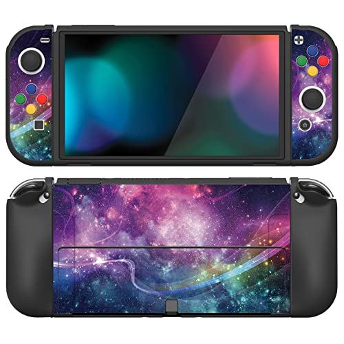 PlayVital ZealProtect Weiche Schutzhülle für Nintendo Switch OLED Konsole Joy Con, Case Hülle Cover Zubehör für Nintendo Switch OLED mit Sticks Kappen & ABXY Richtungstastenkappen(Lila Galaxie) von playvital