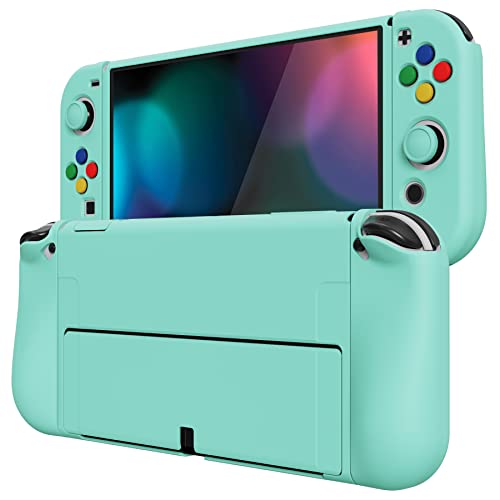 PlayVital ZealProtect Weiche Schutzhülle für Nintendo Switch OLED Konsole Joy Con, Case Hülle Cover Zubehör für Nintendo Switch OLED mit Sticks Kappen & ABXY Richtungstastenkappen(Nebliges Grün) von playvital