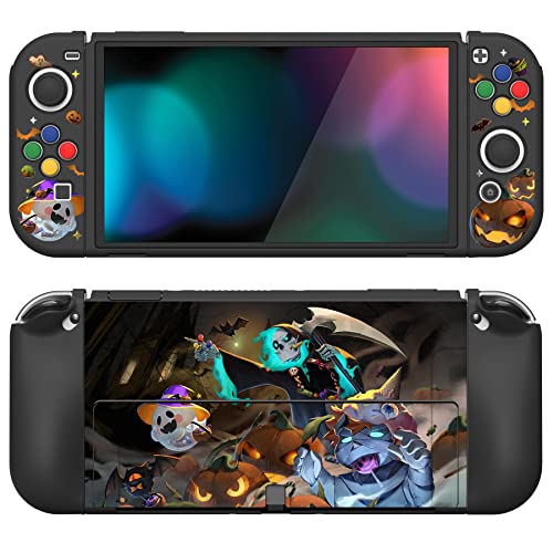 PlayVital ZealProtect Weiche Schutzhülle für Nintendo Switch OLED Konsole Joy Con, Case Hülle Cover Zubehör für Nintendo Switch OLED mit Thumbstick-Caps&Tastenkappen(Halloween Süßigkeiten Nacht) von playvital