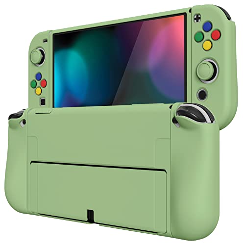 PlayVital ZealProtect Weiche Schutzhülle für Nintendo Switch OLED Konsole Joy Con, Case Hülle Cover Zubehör für Nintendo Switch OLED mit Thumbstick-Caps&Tastenkappen(Matcha Grün) von playvital