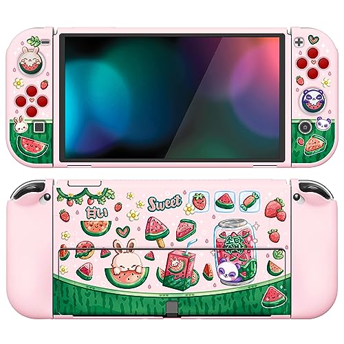 PlayVital ZealProtect Weiche Schutzhülle für Nintendo Switch OLED Konsole Joycon,Case Hülle Cover Zubehör mit Sticks Kappen & ABXY Richtungstastenkappen(Süße Wassermelonen Leckereien) von playvital