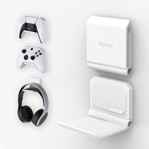 playvital FOLD Wandhalterung Controller Halter für PS5/4,Faltbarer Wandständer für Xbox Series X/S,Switch Pro, Gaming Kopfhörer Ständer für Xbox Wireless Headset, für Pulse 3D Headset-Weiß(2 Stück) von playvital